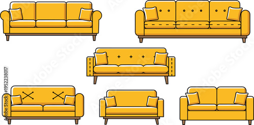 Comprehensive Vector Collection of Yellow Sofa Icons Featuring Various Modern Living Room Furniture Designs Including Two and Three Seater Couches for Interior Graphic D