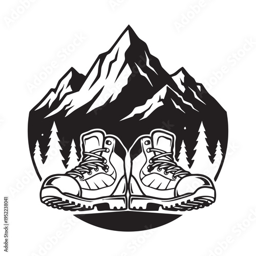 A black and white illustration features hiking boots positioned below a mountain range silhouette high quality