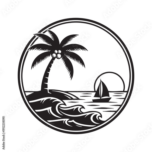 A black and white circular illustration depicts a tropical island with a palm tree and sailboat