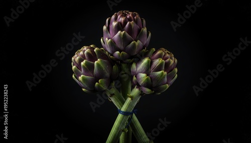 Three purple artichokes tied with blue string
