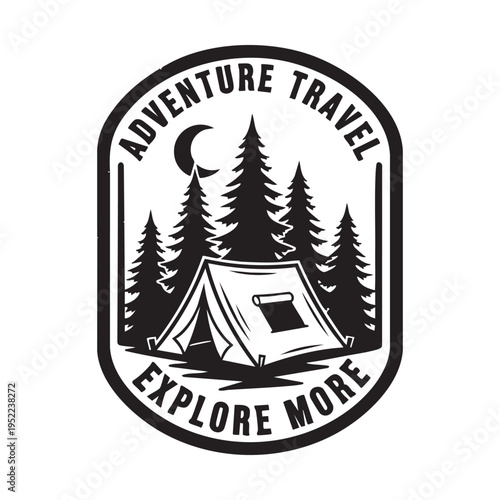 A black and white emblem featuring a tent trees moon and the words adventure travel explore more