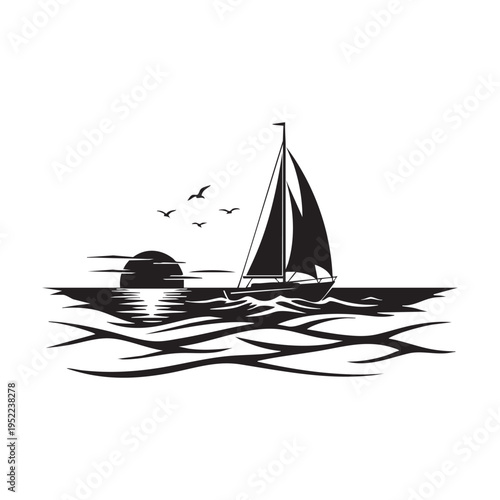 A sleek sailboat navigates calm waters under a setting sun accompanied by soaring seabirds high quality