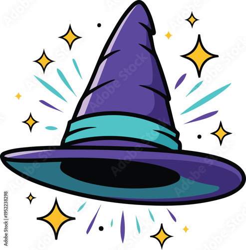 Purple magic witch hat with golden stars and teal ribbon in flat vector style