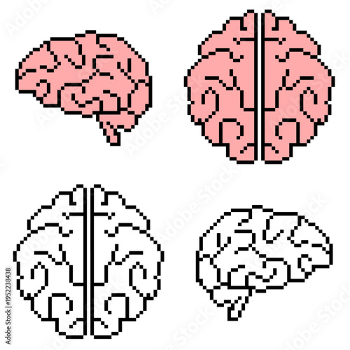 Set editable pixel brain vector for retro science games. Ideal for symbolizing 8-bit logic, arcade style intelligence, and digital anatomy.