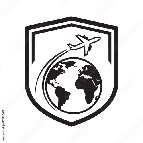 A black and white shield emblem features a globe with an airplane flying around it