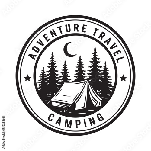 A circular emblem features the words adventure travel and camping surrounding a forest scene high quality
