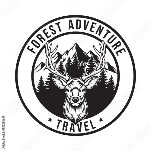 A circular badge featuring a majestic stag with antlers mountains and forest elements high quality professional