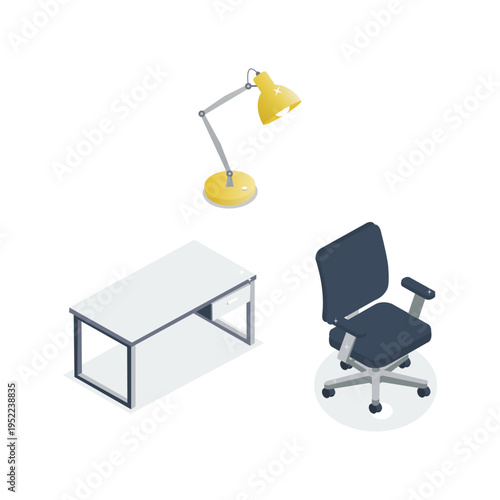 Modern Minimalist Office Furniture Isometric Set with Desk Chair and Lamp