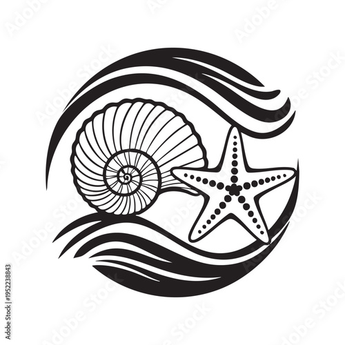 A black and white illustration depicts a nautilus shell and starfish amid stylized waves high quality