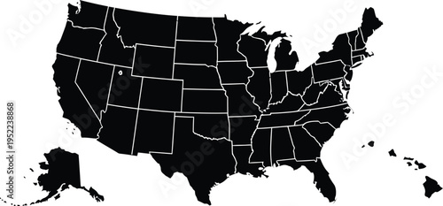 Black map of the United States with state borders country geography
