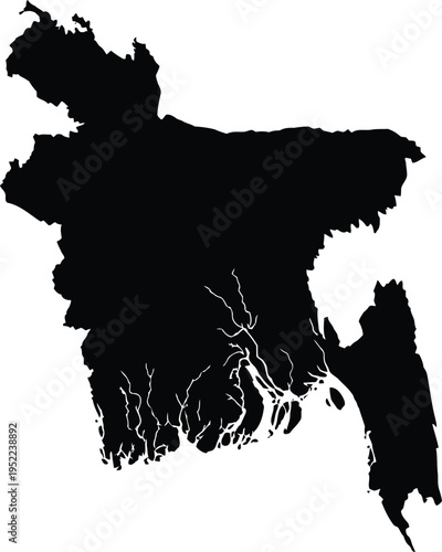 Black silhouette map of Bangladesh white background