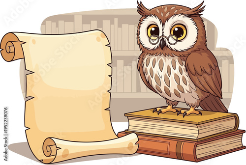 Cute owl sitting on books next to a blank vintage scroll in a library