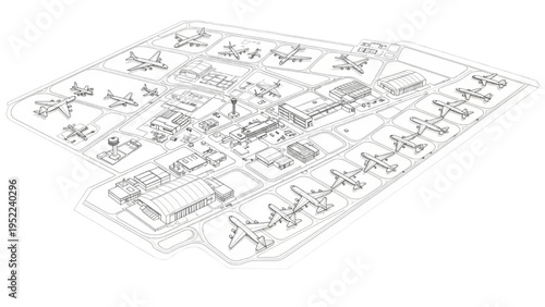 Isometric Airport Master Plan Blueprint – Airbase Layout with Runways, Hangars, Aircraft Parking and Control Tower Technical Drawing