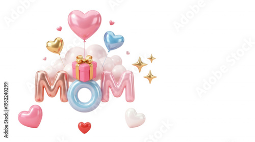 Mothers day celebration with pastel balloons gift and stars decorative render on black background beautiful graphic element