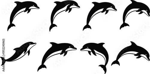 Dolphin silhouettes collection, marine mammals jumping and swimming poses, ocean wildlife, aquatic animals, isolated black illustration design set