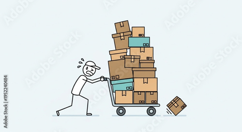 Stick figure struggling to push a cart full of boxes.