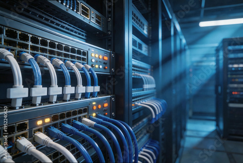 Professional data center cabling system with metal patch panels and network switches, organized ethernet cables in white and blue tones for IT infrastructure management and corporate website