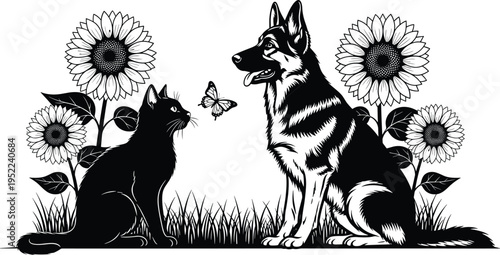 Dog and cat with sunflower illustration, butterfly interaction, domestic animals in nature, floral background, black and white design artwork
