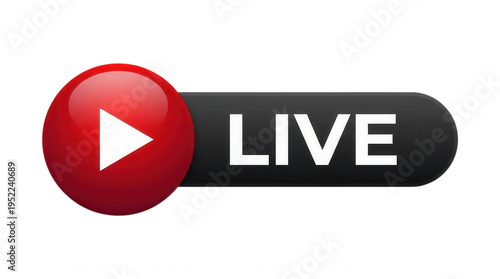 Shiny red live stream button with play icon for online video broadcast on transparent background