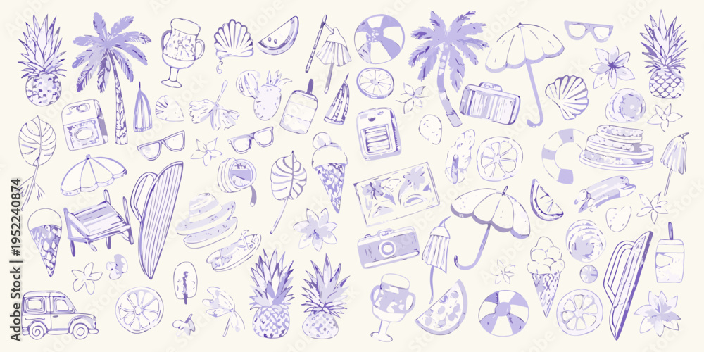 Fototapeta premium A playful doodle compilation of summer vacation essentials and tropical objects