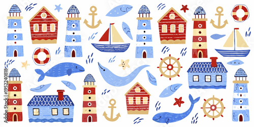 Colorful nautical illustrations featuring lighthouses boats and marine life