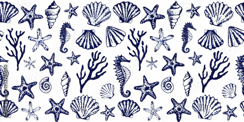Intricate blue sketch of seashells starfish seahorses and coral