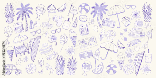 A playful doodle compilation of summer vacation essentials and tropical objects