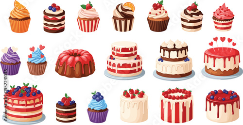 Colorful cakes and cupcakes collection, sweet bakery desserts with berries chocolate cream frosting, pastry vector illustration set