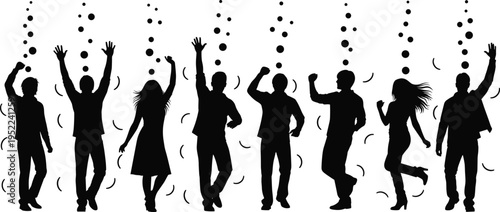 Party dancing silhouettes collection, people celebrating, disco dance moves, nightlife event, music festival crowd, joyful movement, isolated black illustration set