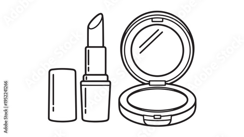 Lipstick and Compact Powder Case Minimal Line Art Makeup Illustration Featuring Open Mirror Beauty Packaging Design