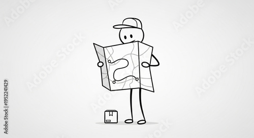 Stick figure person holding a map and looking for direction.