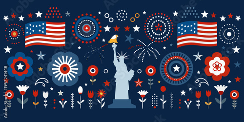 A patriotic illustration featuring american flags statue of liberty and floral elements