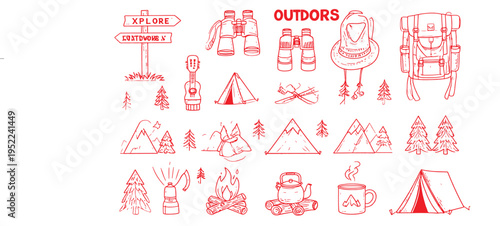 Collection of Outdoor Adventure and Camping Icons for Nature Enthusiasts