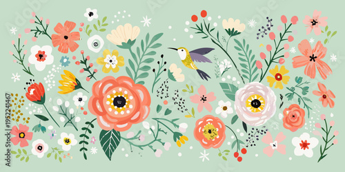 A whimsical illustration of a hummingbird among colorful floral arrangements