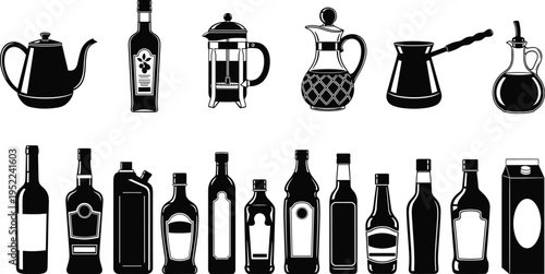 Collection of kitchen kettles, beverage bottles, drink containers, glass jars, oil jars, coffee maker and assorted liquid storage silhouettes illustration