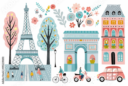 A charming illustration depicting iconic parisian landmarks and vibrant city life
