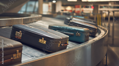 Luggage moving on airport baggage claim conveyor belt