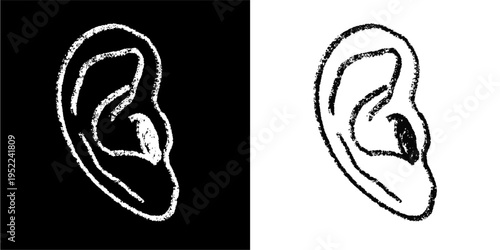 Set editable chalk drawing human ears vector for biology classes. Ideal for symbolizing school anatomy, vintage medical studies, chalkboard hearing, and human listening concepts.