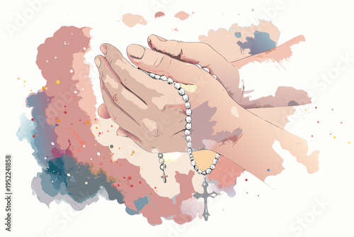 Praying hands holding rosary beads with a christian cross illustration