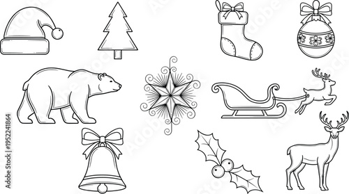 Christmas holiday outline icons set, santa hat tree stocking sleigh reindeer bell snowflake festive winter vector illustrations