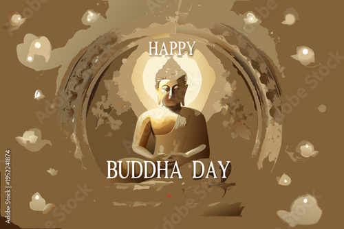 A golden buddha illustration with the text happy buddha day displayed