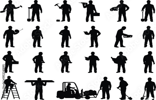 Comprehensive Set of Black Construction Worker Silhouettes Featuring Professional Builders Engineers and Laborers with Industrial Tools Forklift Ladder and Equipment for Site Projects