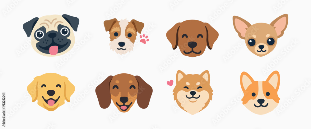 Fototapeta premium Cute Cartoon Dog Breeds Illustrations Set
