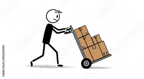 Stick figure pushing a hand truck loaded with cardboard boxes.