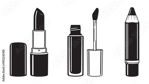 Assorted Makeup Products Including Lipstick and Applicator Minimal Line Art Beauty Illustration with Clean Packaging Outline