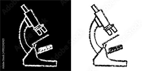 Set editable chalk drawing microscope vector for science lessons. Ideal for symbolizing school biology, vintage chemistry, chalkboard laboratory tools, and educational research.