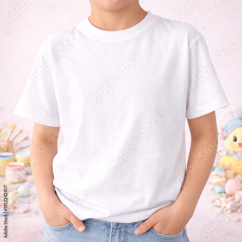 Kid Wearing Blank White T Shirt Mockup Pastel Craft Background