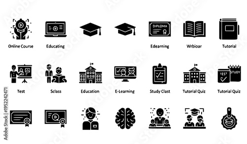 E Learning and Education Glyph Icons Collection with School Tutorial Seminar and Online Training Symbols Vector