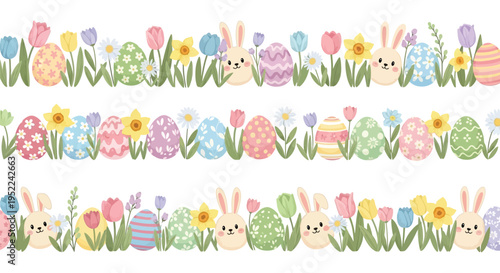 Seamless easter pattern border with cute bunnies, colorful decorated eggs, and spring flowers