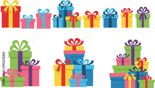 Colorful stacked gift boxes with ribbons and bows, festive present collection illustration for celebration, birthday, Christmas, holiday events, party decoration themes